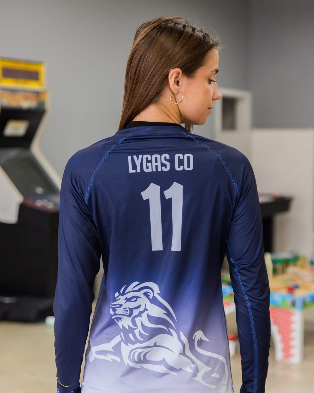 Sublimated navy and white Lygas Co number 11 jersey