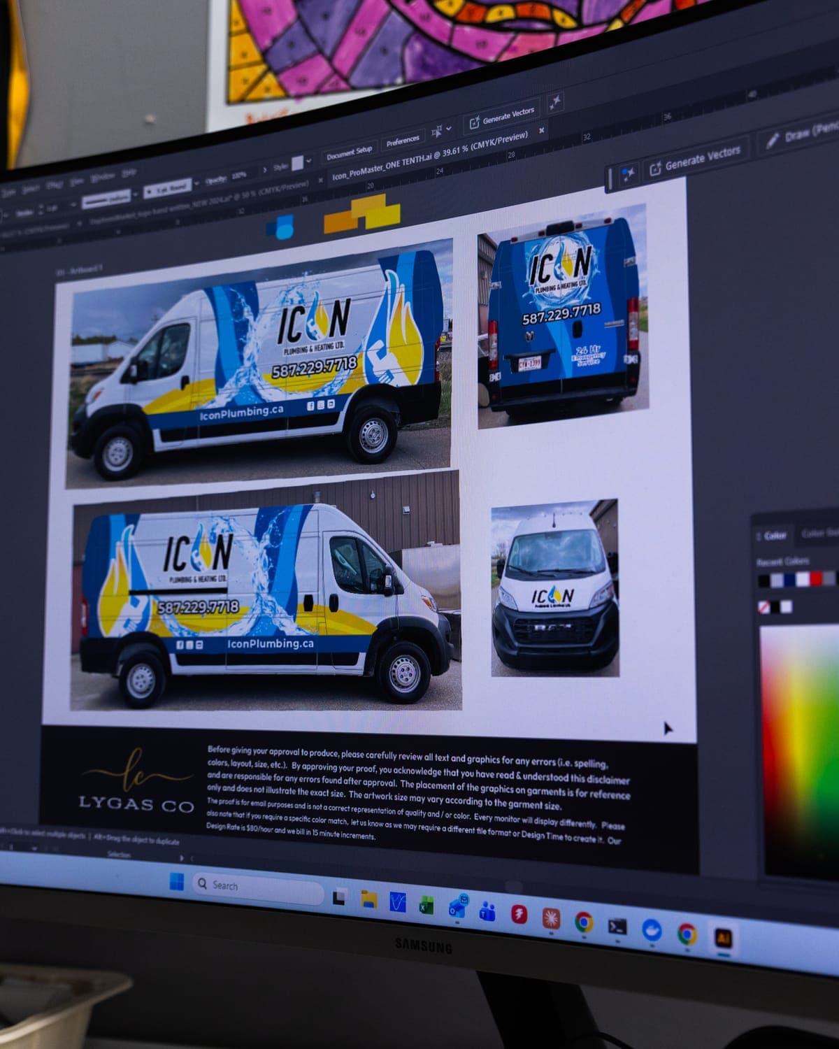 Van wrap mock-ups for ICON Plumbing and Heating on a designer's screen