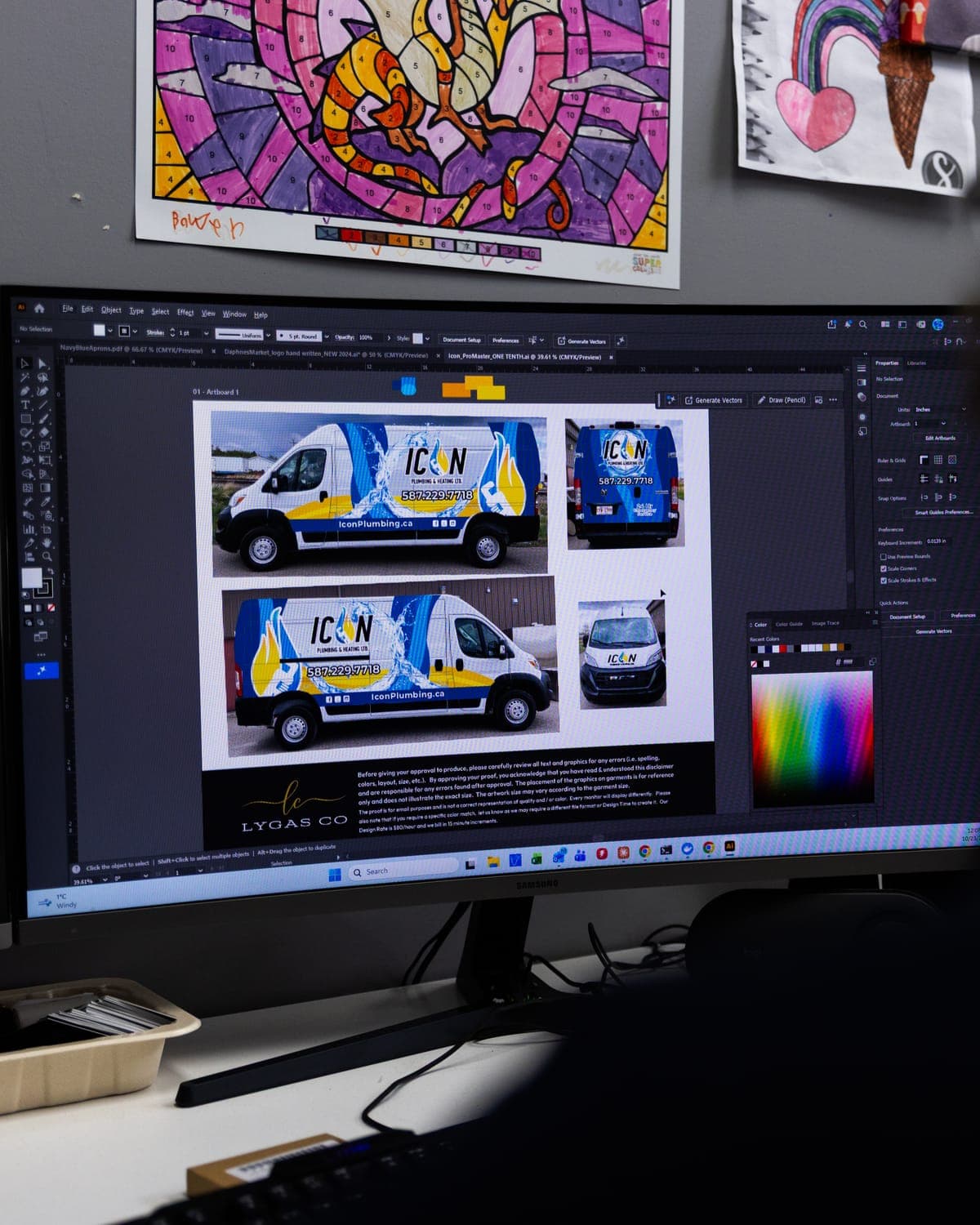 ICON Plumbing van wrap proof laid out on a designer's monitor