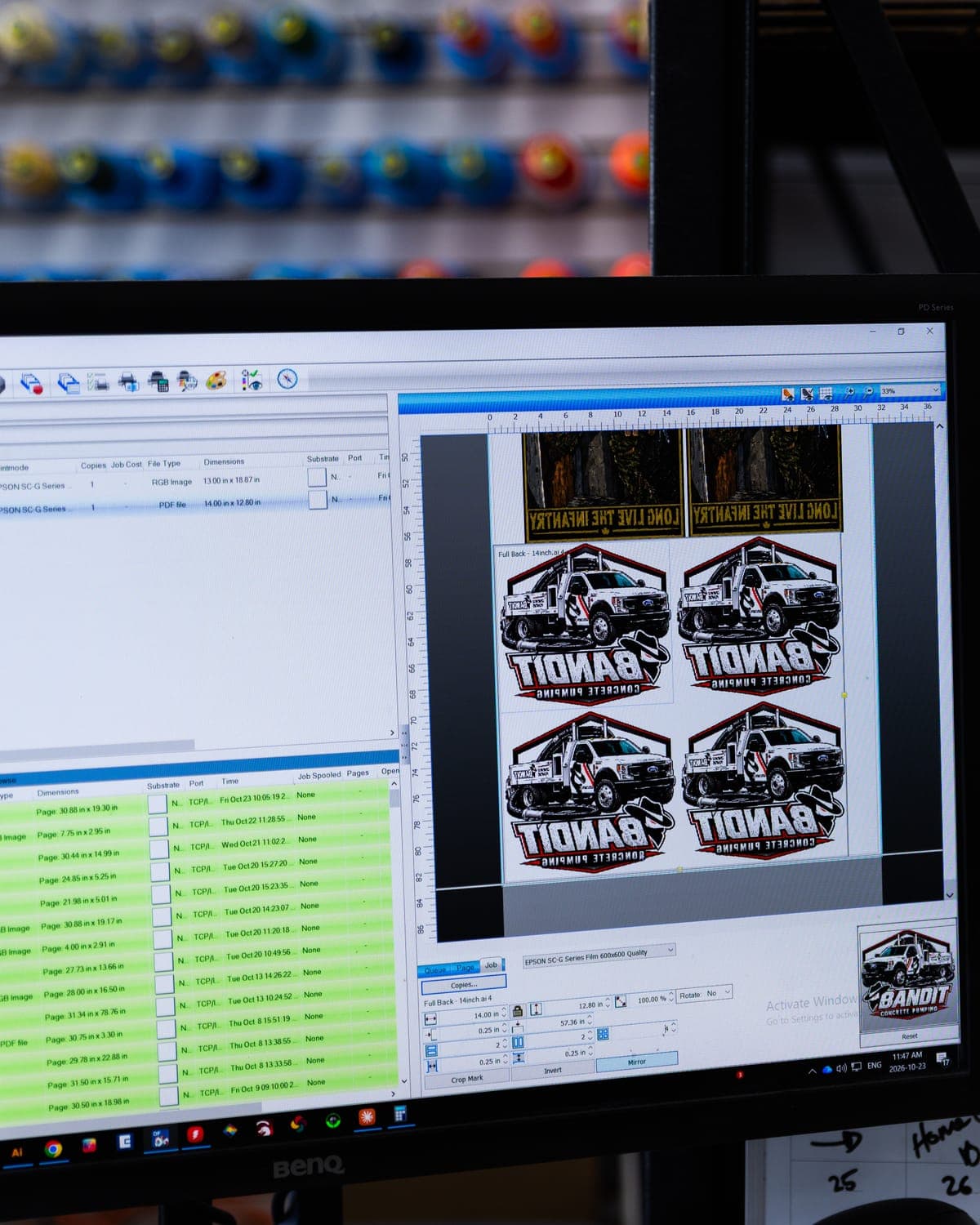 Bandit Concrete logos laid out on a DTF gang sheet in the print software