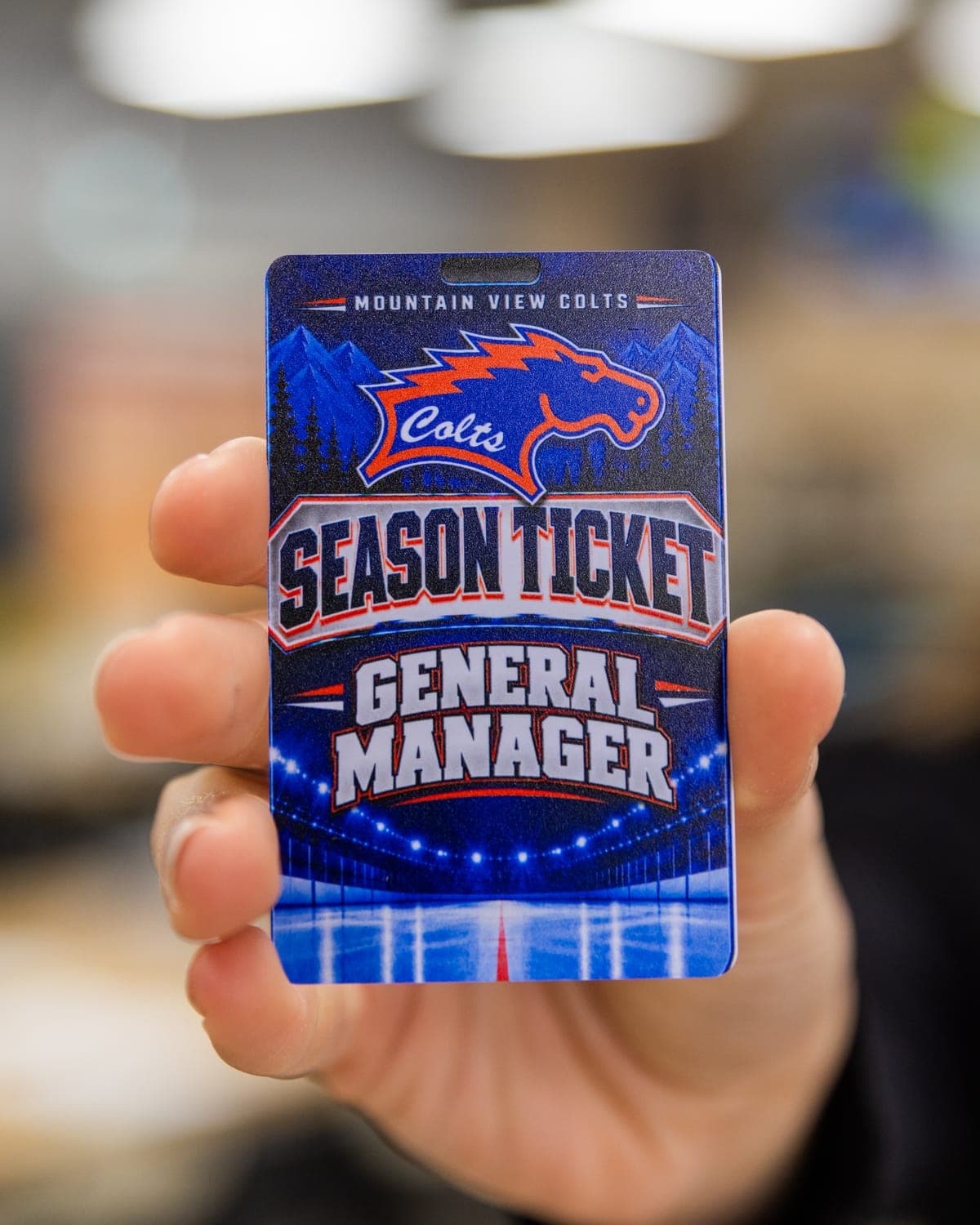 Close-up of a UV-printed Mountain View Colts general manager season ticket pass